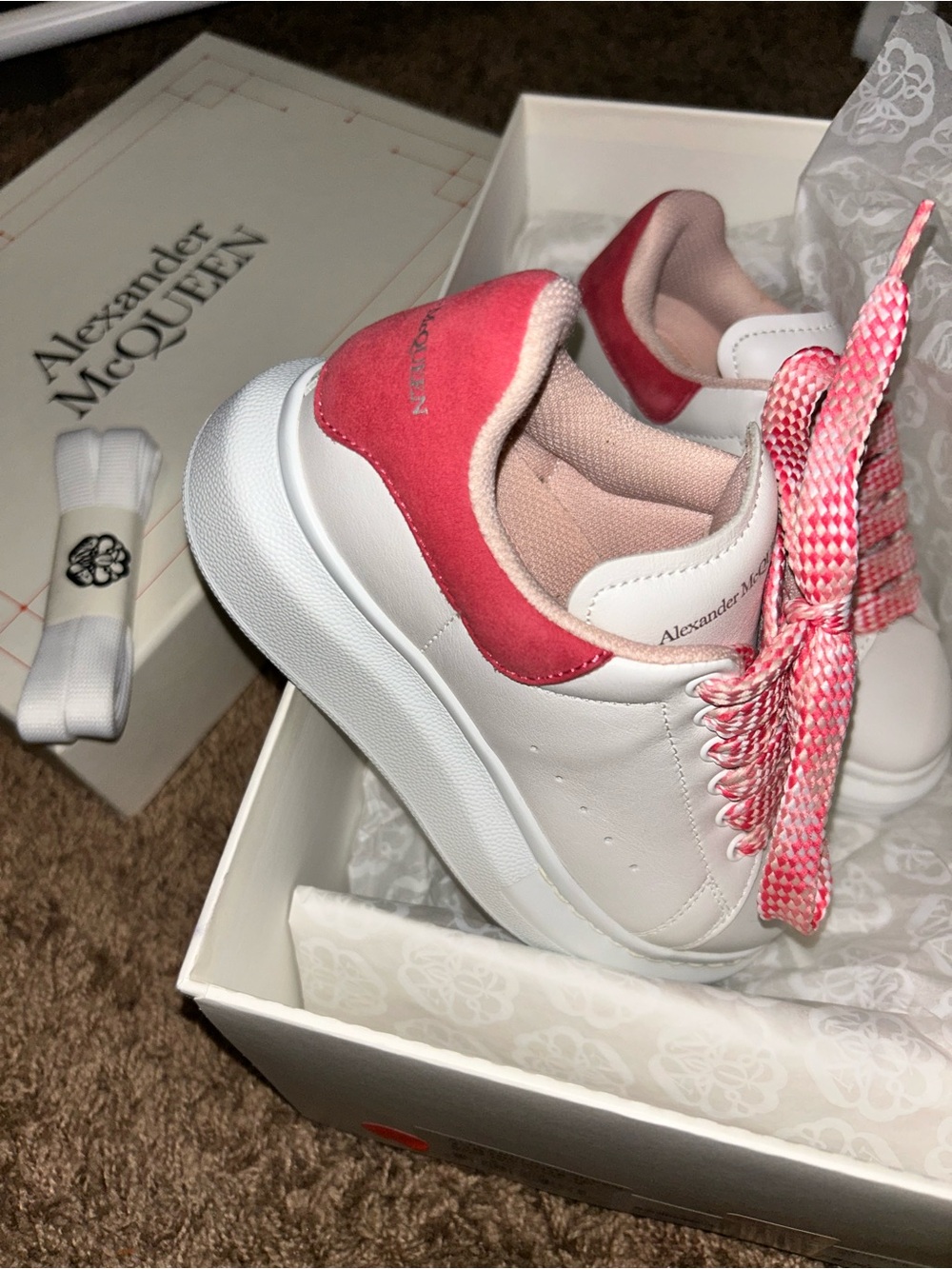 Alexander McQueen White Leather Sneakers with Pink Suede Heel and Pink Laces